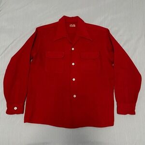 Vintage 50s Textron Men's Red Wool Button Up Shirt L Flap Pocket Retro Layer